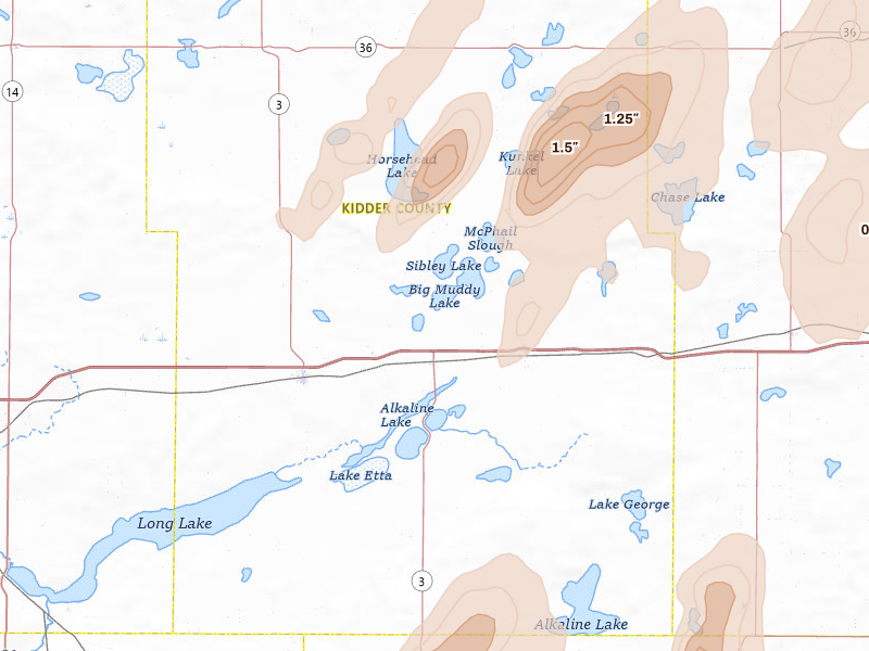 Radar-estimated hail-size map of the storm over Dawson, ND on Jun 2, 2026