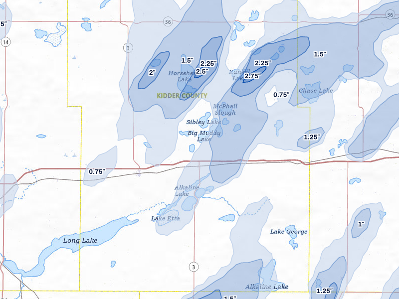 NEXRAD radar-signature map of the hail over Dawson, ND