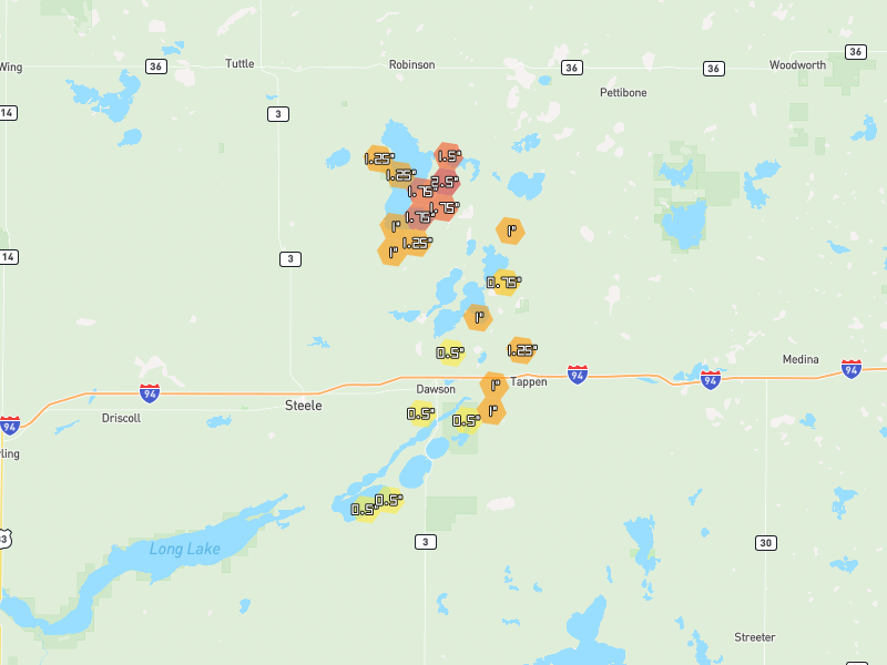 Hail map of Dawson, ND on Jun 2, 2026, hail up to 2.5"