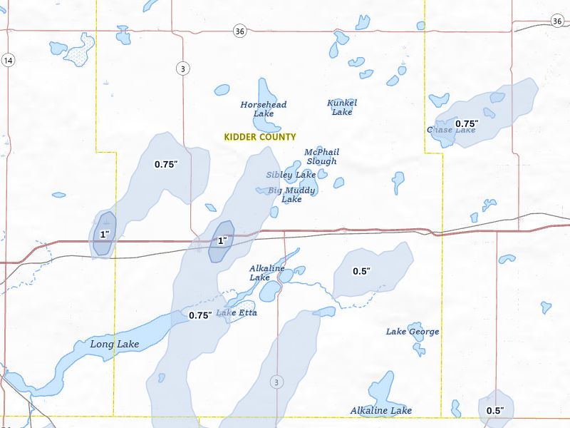 NEXRAD radar-signature map of the hail storm over Dawson, ND on Jun 27, 2026