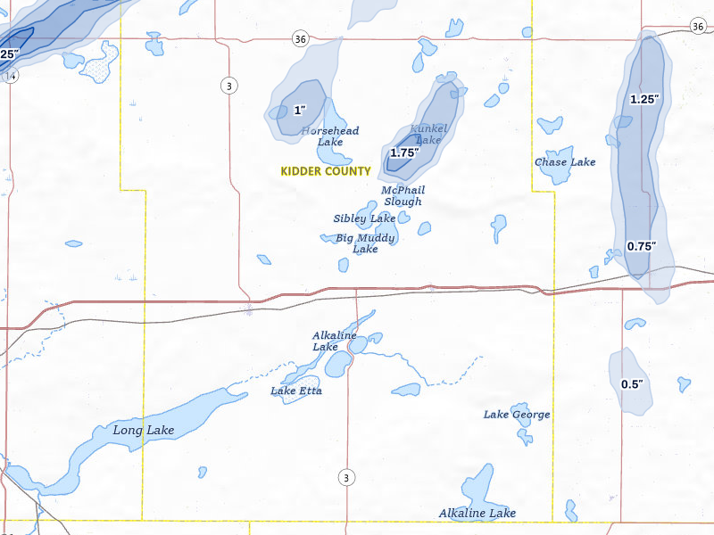 NEXRAD radar-signature map of the hail storm over Dawson, ND on Jun 29, 2026