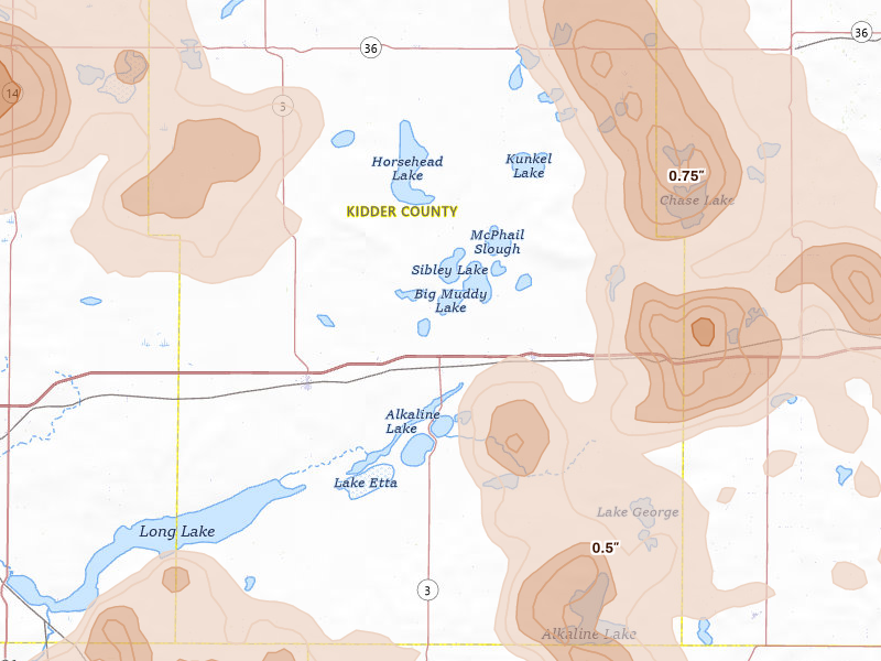 Radar-estimated hail-size map of the storm over Dawson, ND on Jul 9, 2026