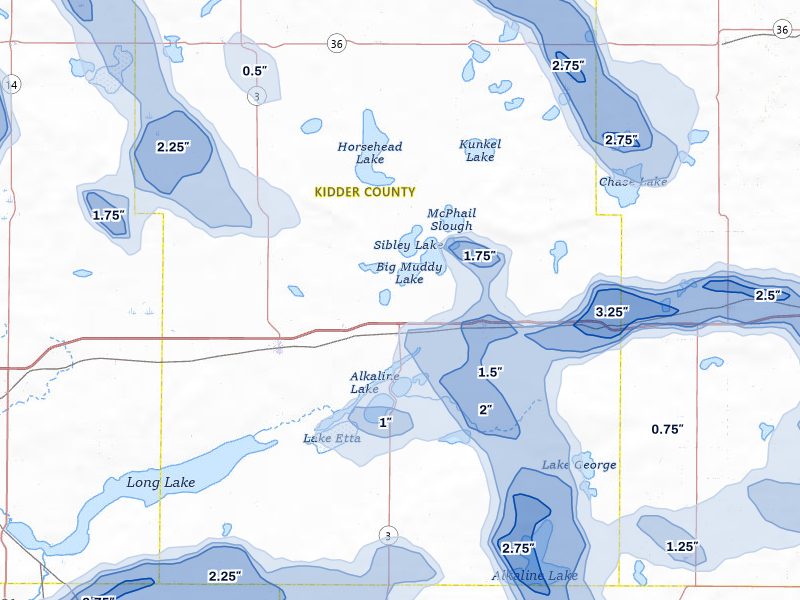 NEXRAD radar-signature map of the hail storm over Dawson, ND on Jul 9, 2026