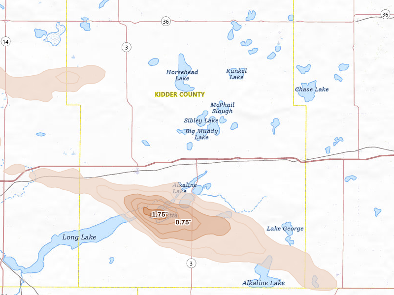 Radar-estimated hail-size map of the storm over Dawson, ND on Jul 19, 2026