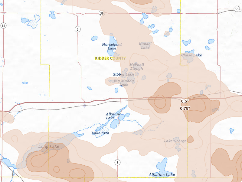 Radar-estimated hail-size map of the storm over Dawson, ND on Jul 24, 2026