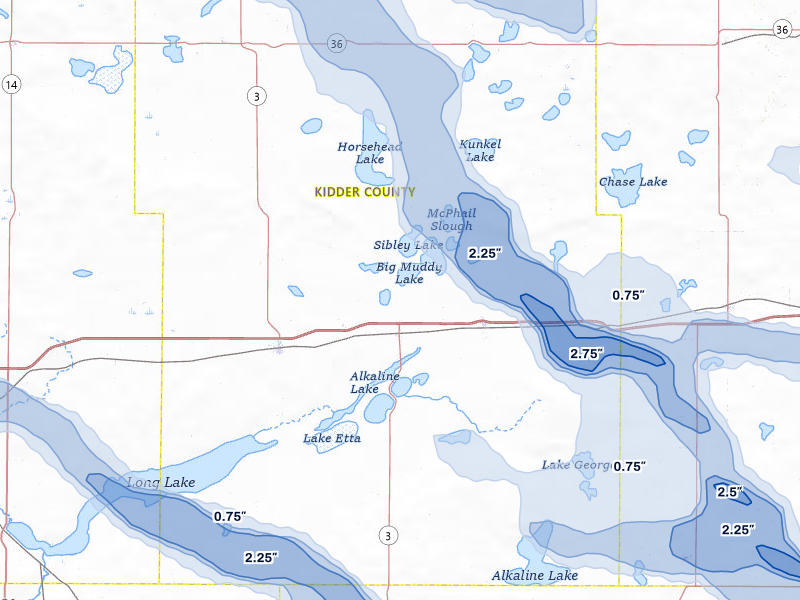 NEXRAD radar-signature map of the hail storm over Dawson, ND on Jul 24, 2026