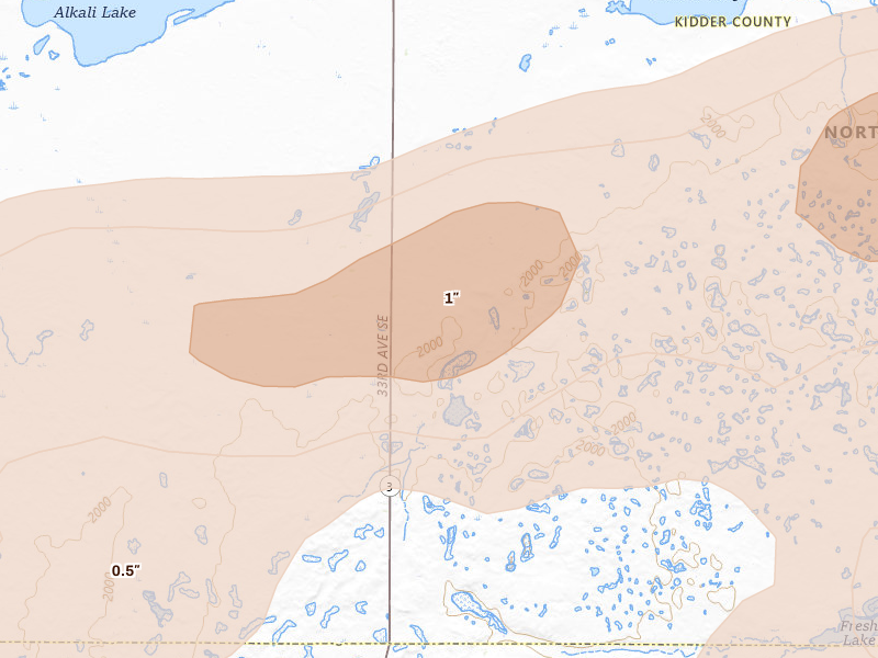 Radar-estimated hail-size map of the storm over Dawson, ND on Aug 11, 2026