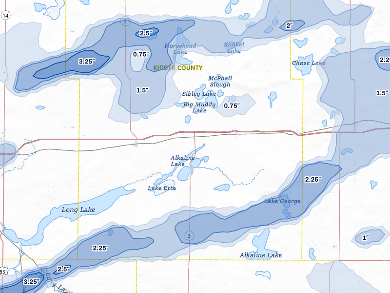 NEXRAD radar-signature map of the hail storm over Dawson, ND on Aug 11, 2026