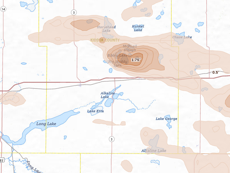 Radar-estimated hail-size map of the storm over Dawson, ND on Aug 24, 2026