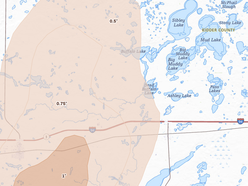 Radar-estimated hail-size map of the storm over Dawson, ND