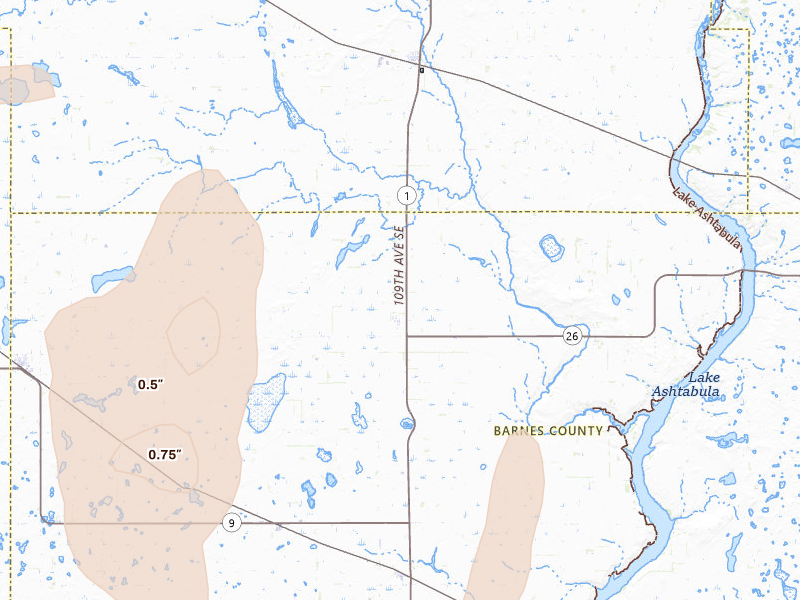 Radar-estimated hail-size map of the storm over Dazey, ND on Jun 2, 2026