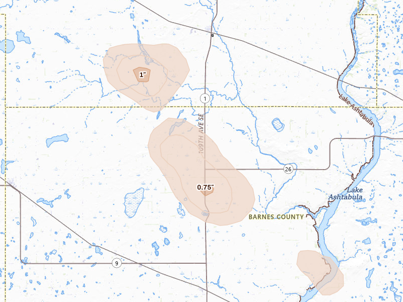 Radar-estimated hail-size map of the storm over Dazey, ND on Jul 4, 2026