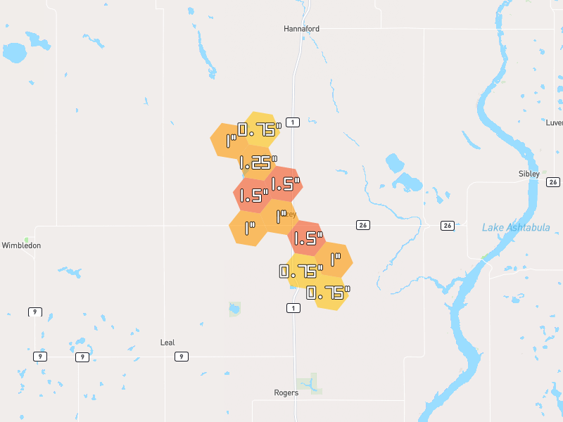 Hail map of Dazey, ND on Jul 4, 2026, hail up to 1.5"