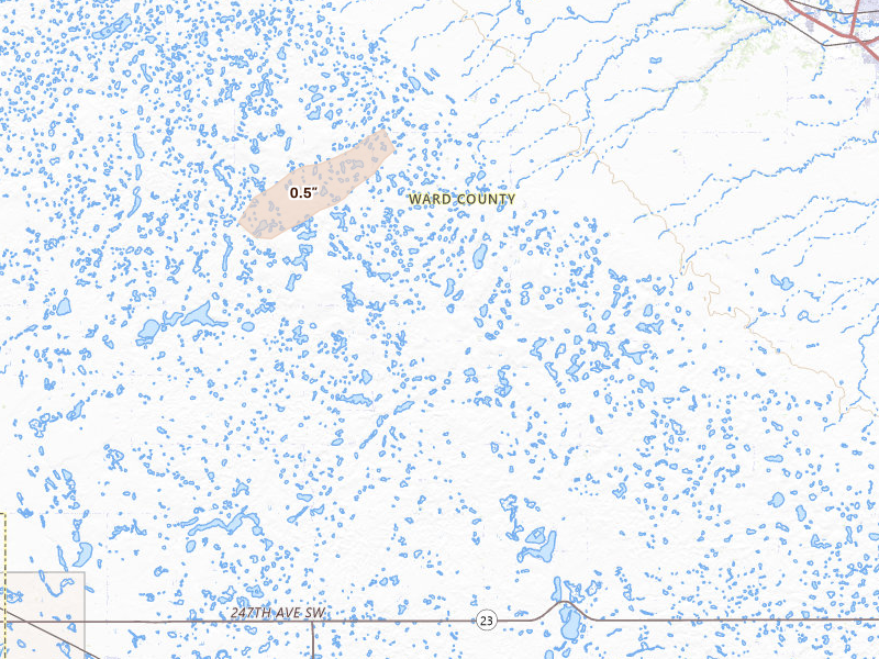 Radar-estimated hail-size map of the storm over Des Lacs, ND on Jul 2, 2026