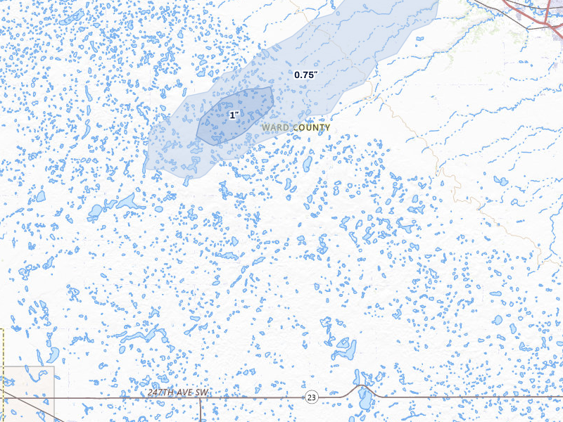 NEXRAD radar-signature map of the hail over Des Lacs, ND