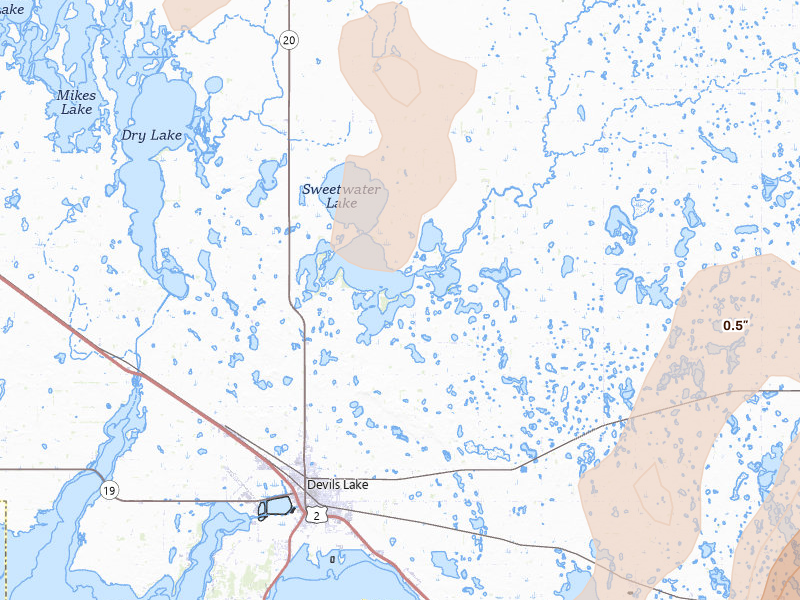 Radar-estimated hail-size map of the storm over Devils Lake, ND on Jun 2, 2026