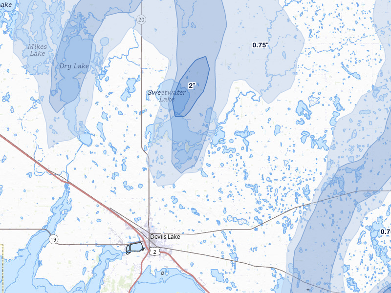 NEXRAD radar-signature map of the hail over Devils Lake, ND