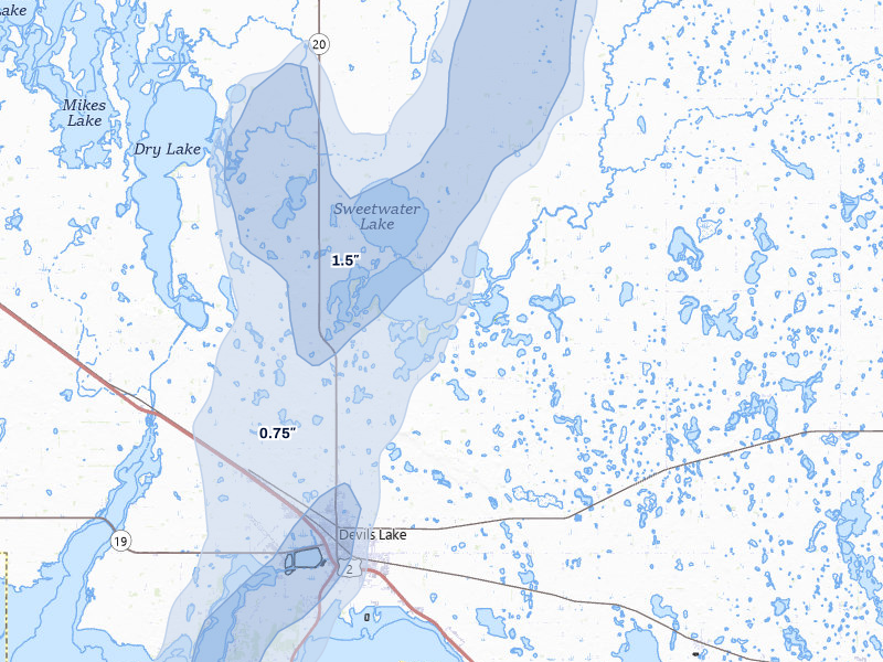 NEXRAD radar-signature map of the hail storm over Devils Lake, ND on Jun 29, 2026