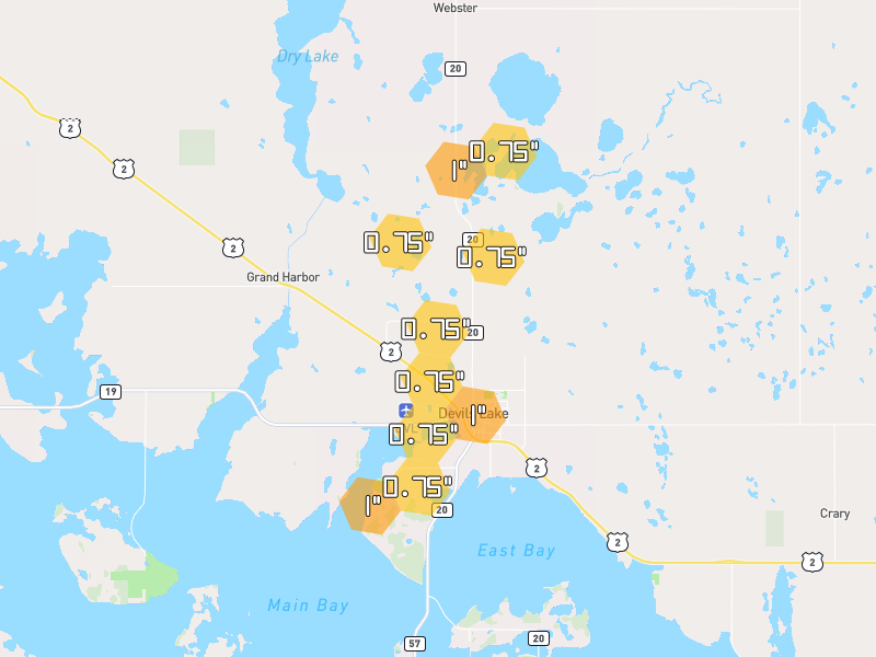 Hail map of Devils Lake, ND on Jun 29, 2026, hail up to 1"