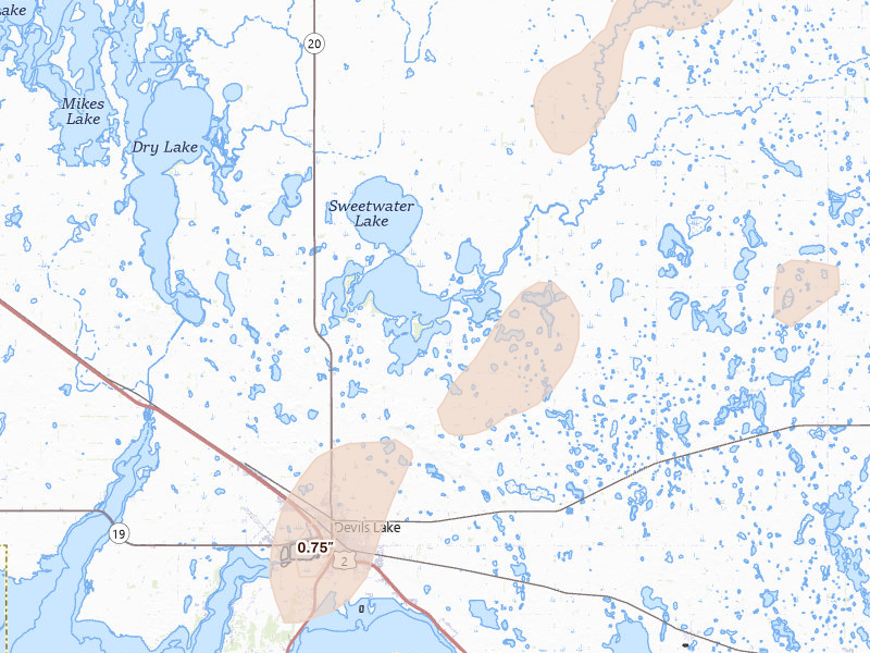 Radar-estimated hail-size map of the storm over Devils Lake, ND on Jul 30, 2026
