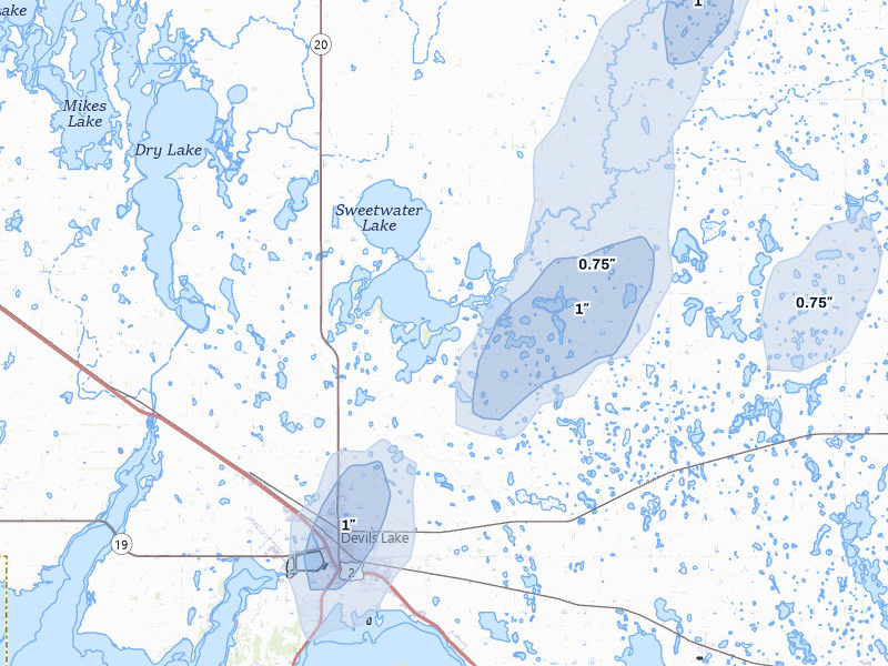 NEXRAD radar-signature map of the hail storm over Devils Lake, ND on Jul 30, 2026