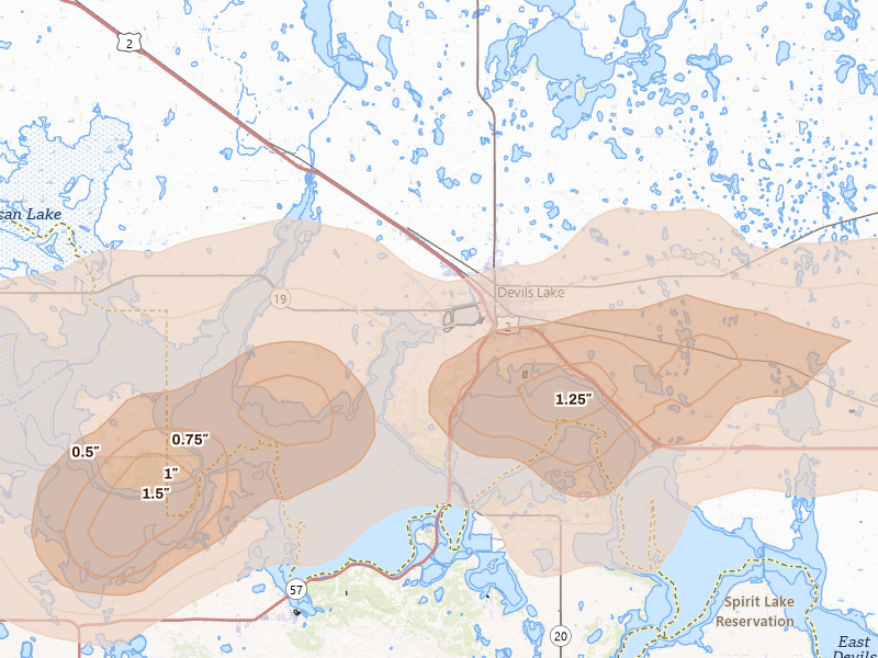 Radar-estimated hail-size map of the storm over Devils Lake, ND on Sep 3, 2026