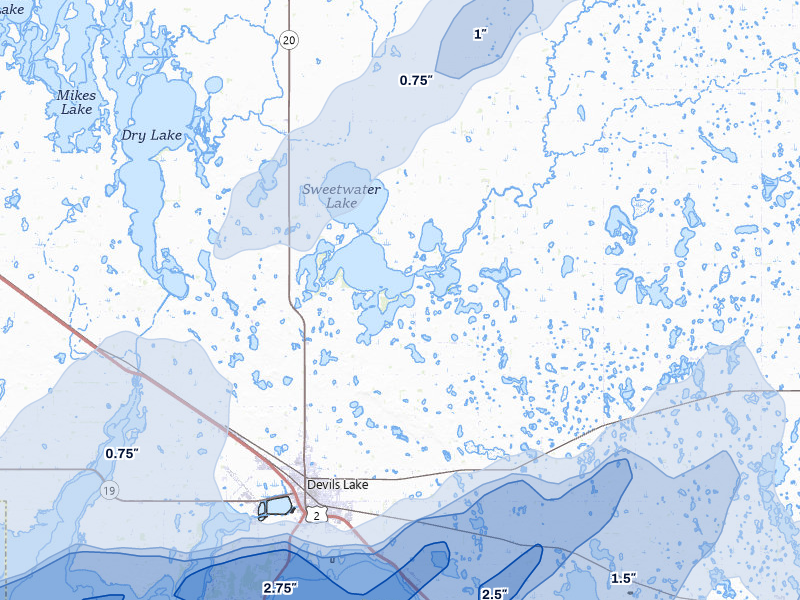 NEXRAD radar-signature map of the hail storm over Devils Lake, ND on Sep 3, 2026