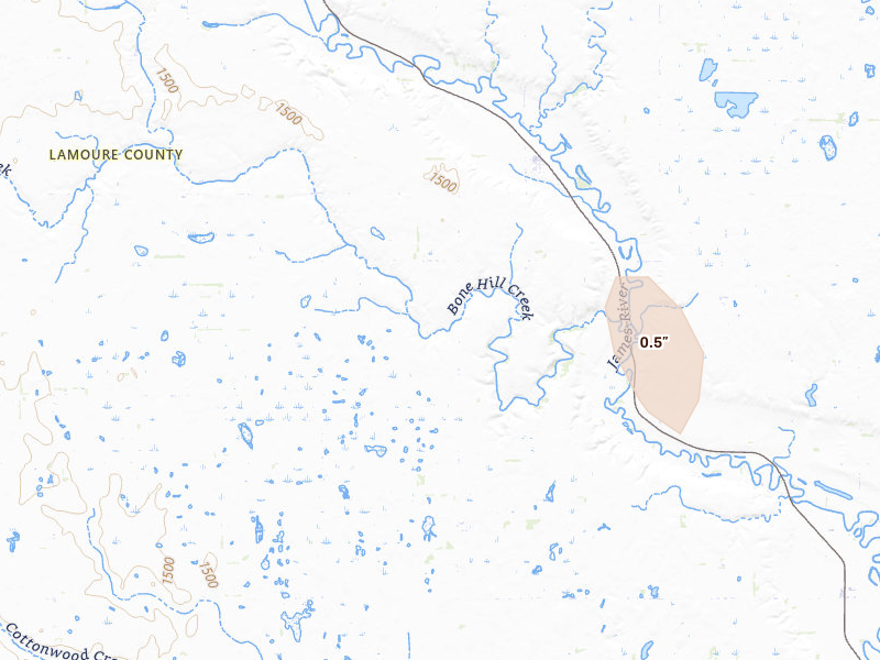 Radar-estimated hail-size map of the storm over Dickey, ND on Jun 9, 2026