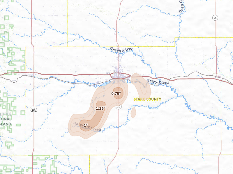 Radar-estimated hail-size map of the storm over Dickinson, ND on May 21, 2026