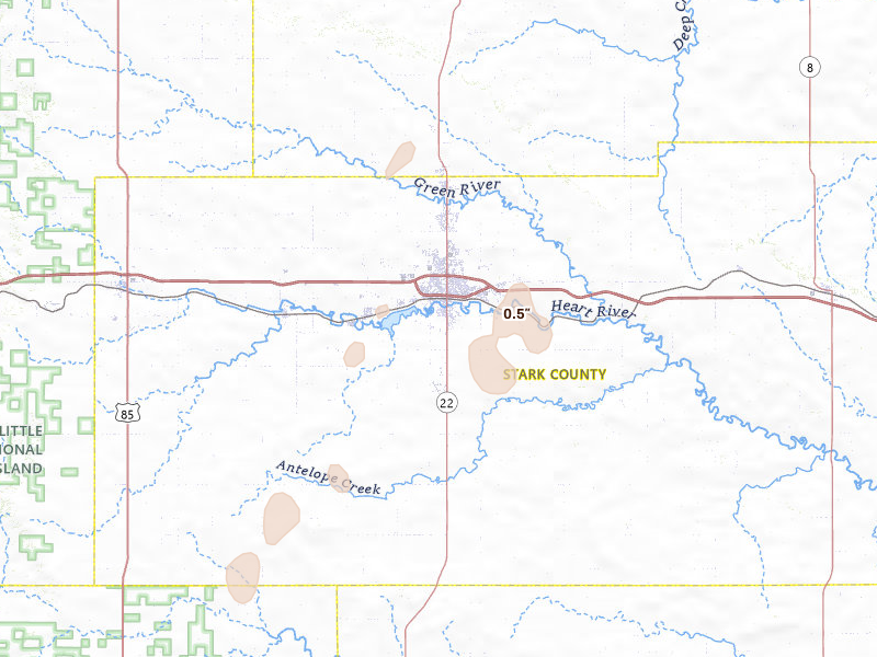 Radar-estimated hail-size map of the storm over Dickinson, ND on Jun 2, 2026