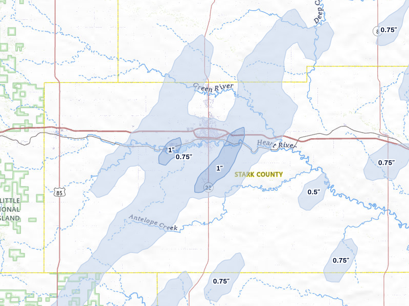 NEXRAD radar-signature map of the hail over Dickinson, ND