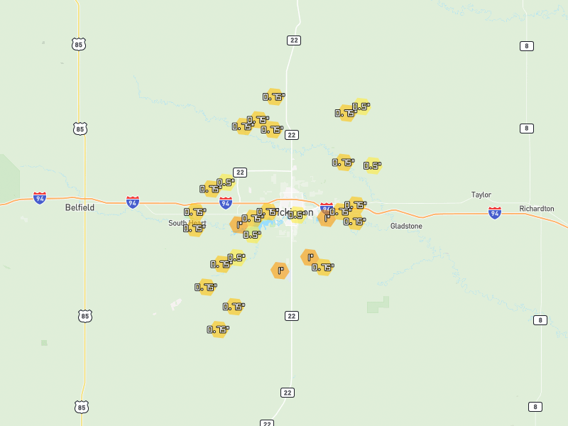 Hail map of Dickinson, ND on Jun 2, 2026, hail up to 1"