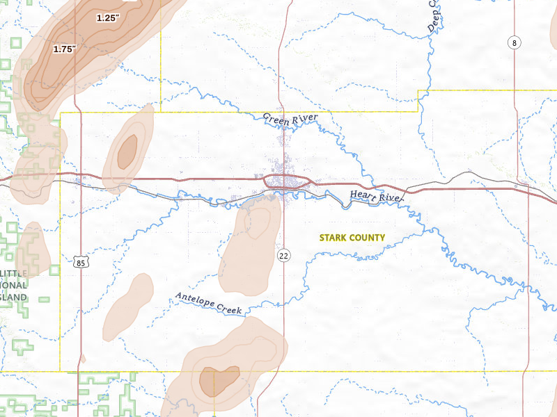 Radar-estimated hail-size map of the storm over Dickinson, ND on Jun 7, 2026
