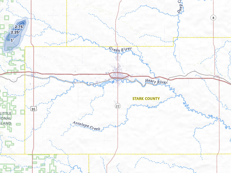 NEXRAD radar-signature map of the hail storm over Dickinson, ND on Jun 7, 2026