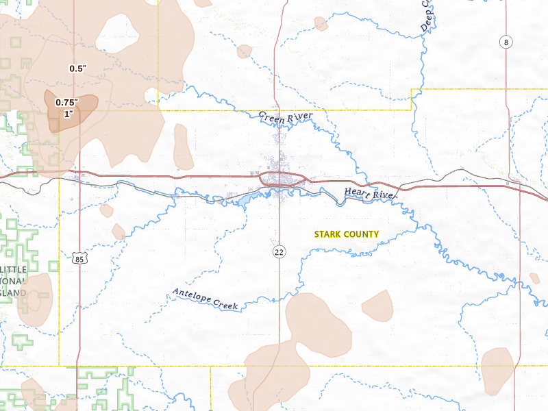 Radar-estimated hail-size map of the storm over Dickinson, ND on Jun 27, 2026