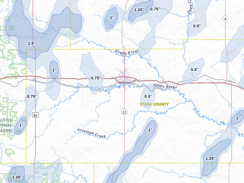 NEXRAD radar-signature map of the hail storm over Dickinson, ND on Jun 27, 2026