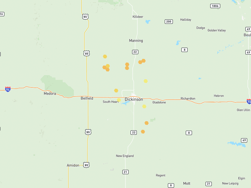 Hail map of Dickinson, ND on Jun 28, 2026, hail up to 1.25"