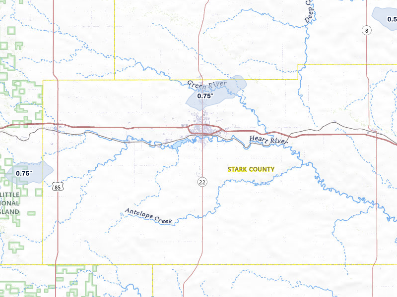 NEXRAD radar-signature map of the hail storm over Dickinson, ND on Jul 5, 2026