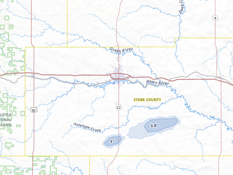 NEXRAD radar-signature map of the hail storm over Dickinson, ND on Jul 6, 2026