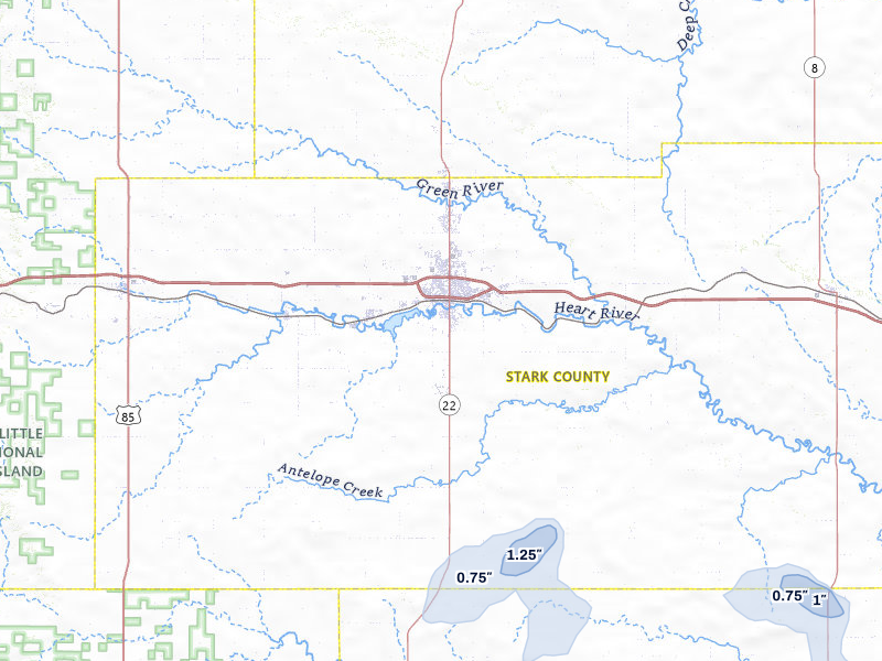 NEXRAD radar-signature map of the hail storm over Dickinson, ND on Jul 29, 2026