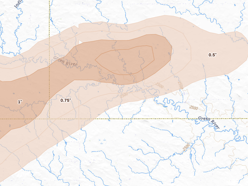 Radar-estimated hail-size map of the storm over Dickinson, ND on Aug 11, 2026