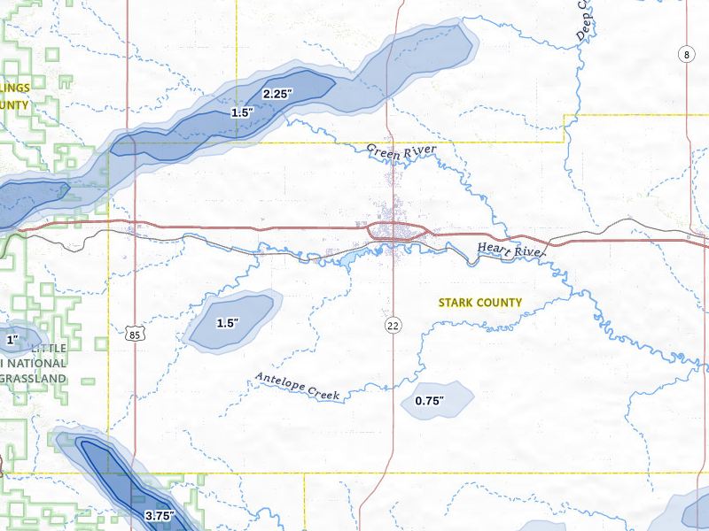 NEXRAD radar-signature map of the hail storm over Dickinson, ND on Aug 11, 2026