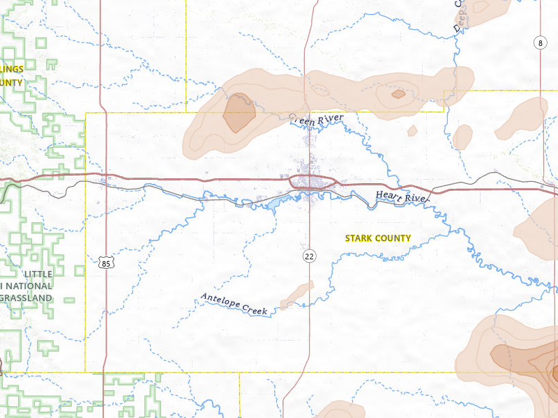 Radar-estimated hail-size map of the storm over Dickinson, ND on Aug 30, 2026