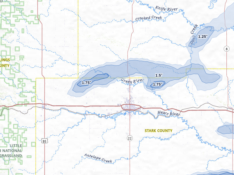 NEXRAD radar-signature map of the hail storm over Dickinson, ND on Aug 30, 2026