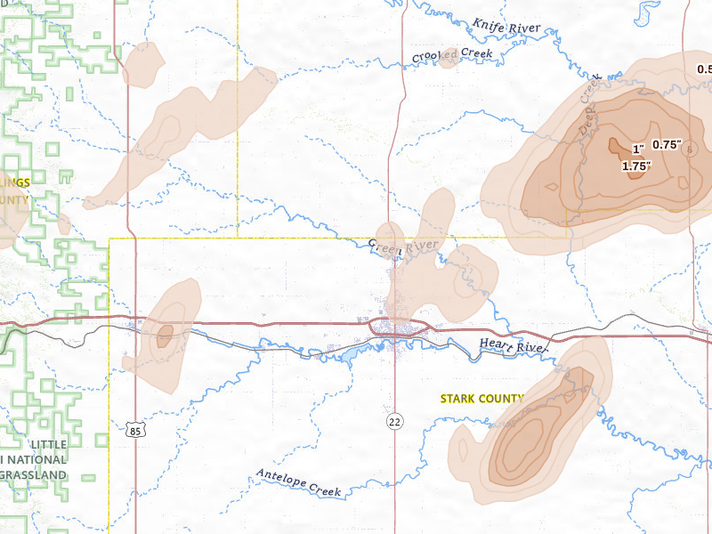 Radar-estimated hail-size map of the storm over Dickinson, ND
