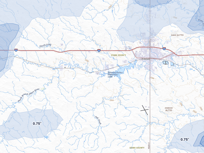 NEXRAD radar-signature map of the hail storm over Dickinson, ND on Sep 6, 2026