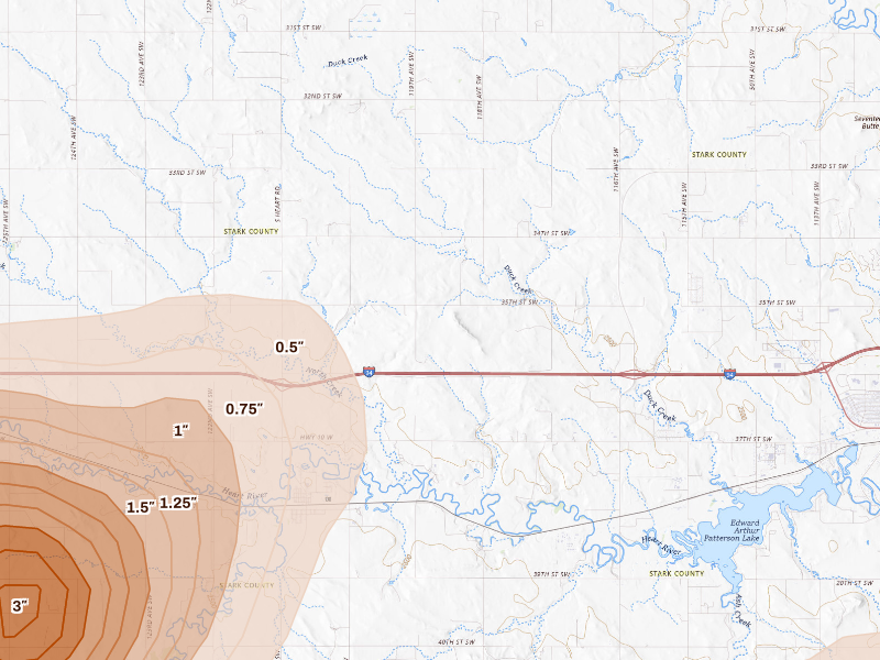 Radar-estimated hail-size map of the storm over Dickinson, ND on Sep 23, 2026