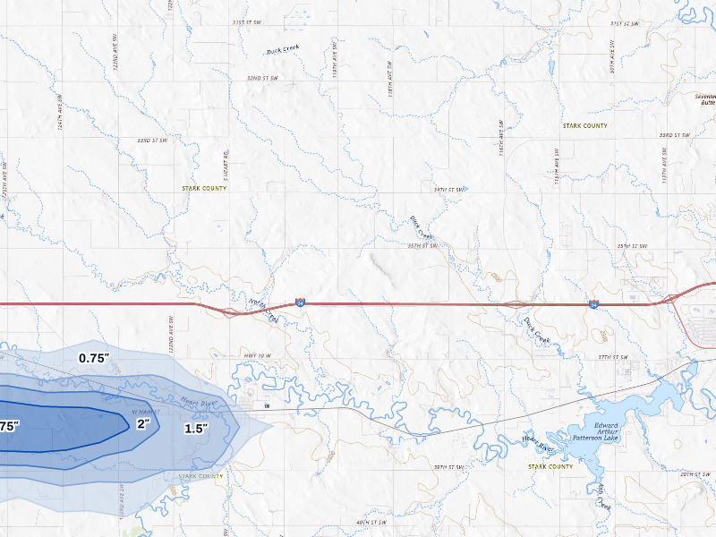 NEXRAD radar-signature map of the hail storm over Dickinson, ND on Sep 23, 2026