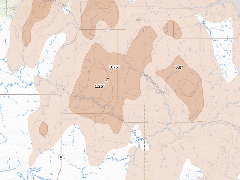 Radar-estimated hail-size map of the storm over Dodge, ND on Jun 7, 2026