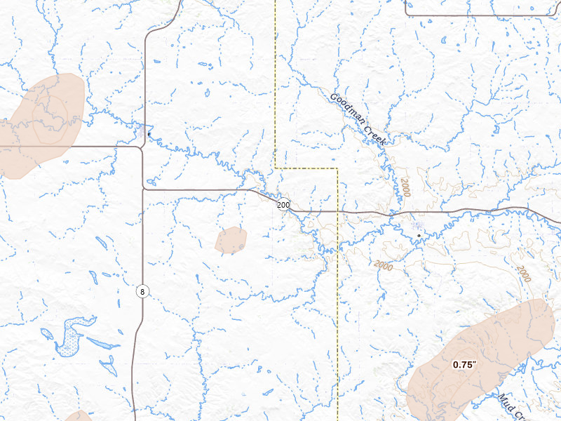 Radar-estimated hail-size map of the storm over Dodge, ND on Aug 30, 2026